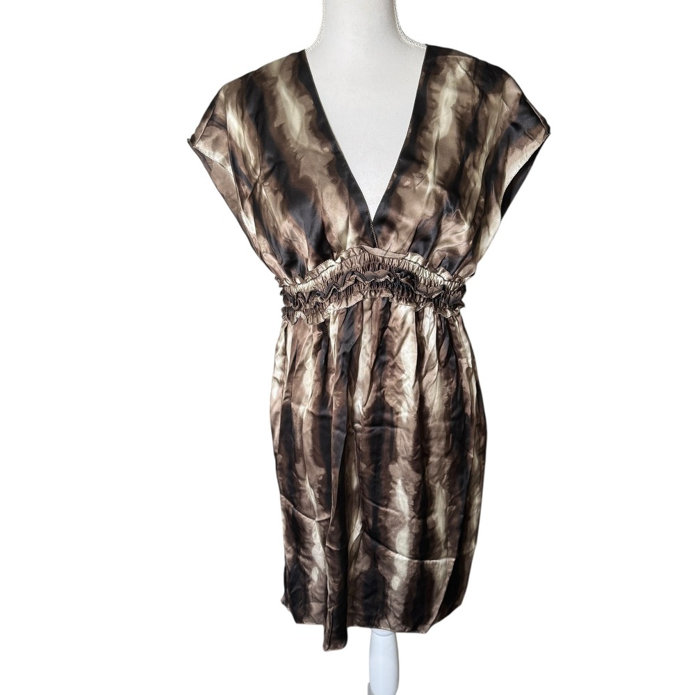 M.S.S.P. Silk Deep V Neck Dress Brown Tie Dye Print Medium Cocktail Party NWT